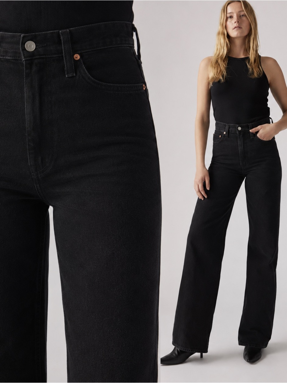 Levi's Ribcage Wide Leg High Rise Jeans 26x32 "Rosie Posie" Black Wash NWT